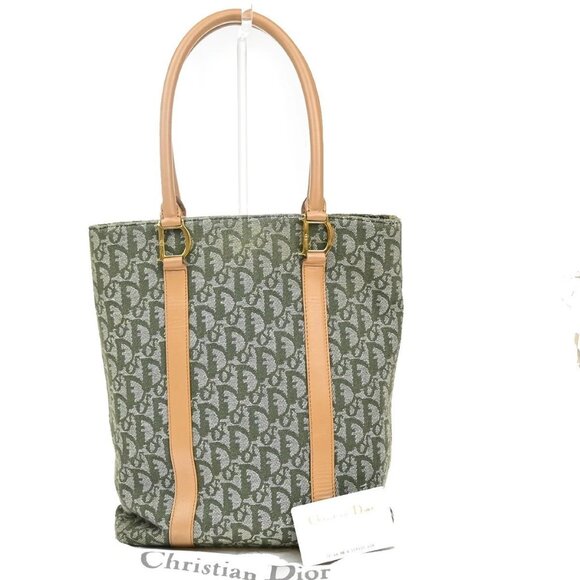CHRISTIAN DIOR Logo Trotter Pattern Shoulder Bag Canvas Leather Green 85KB001 - Picture 1 of 16